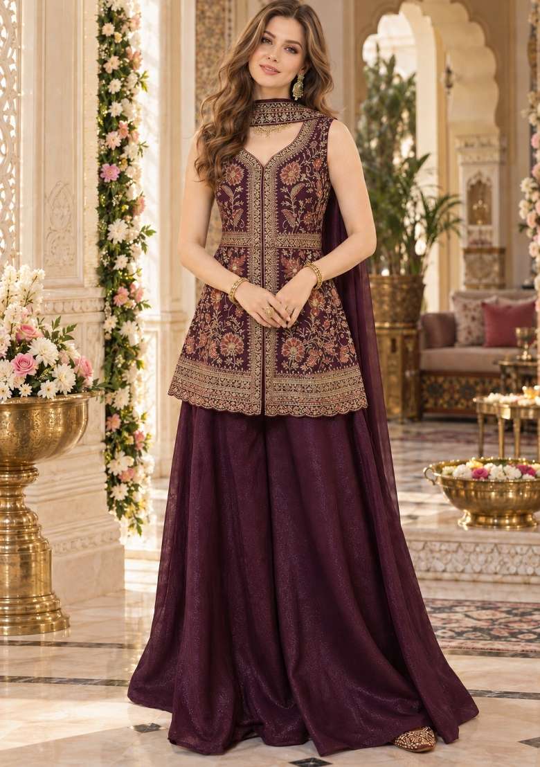 Maroon Embroidery Georgette Kurta Set - Indya