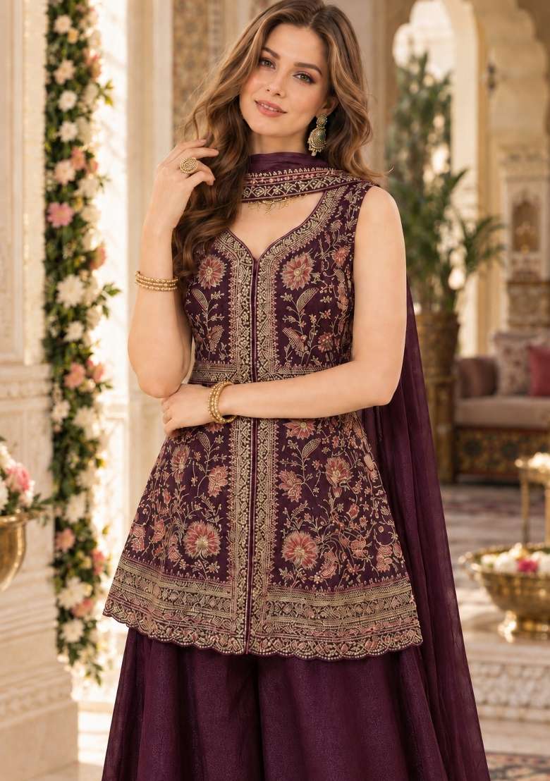 Maroon Embroidery Georgette Kurta Set - Indya