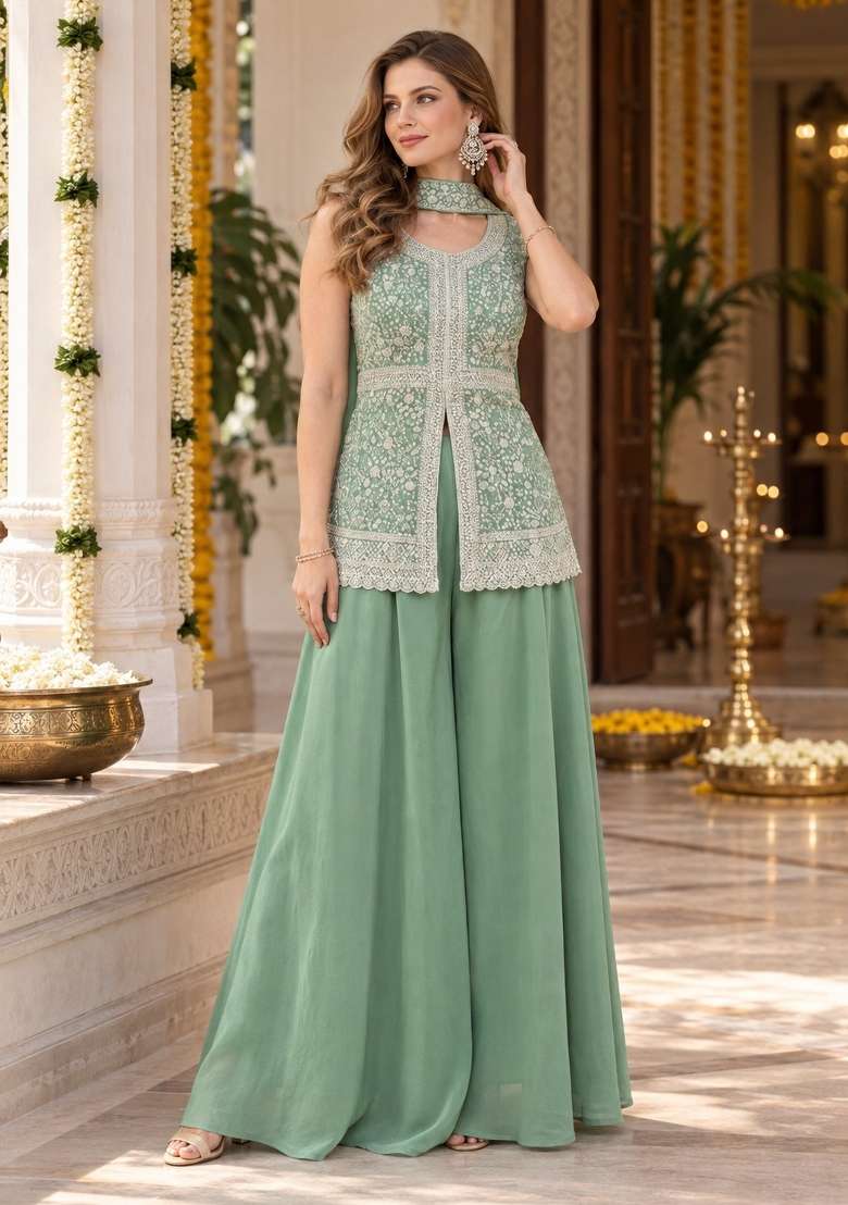 Green Embroidery Georgette Kurta Set - Indya