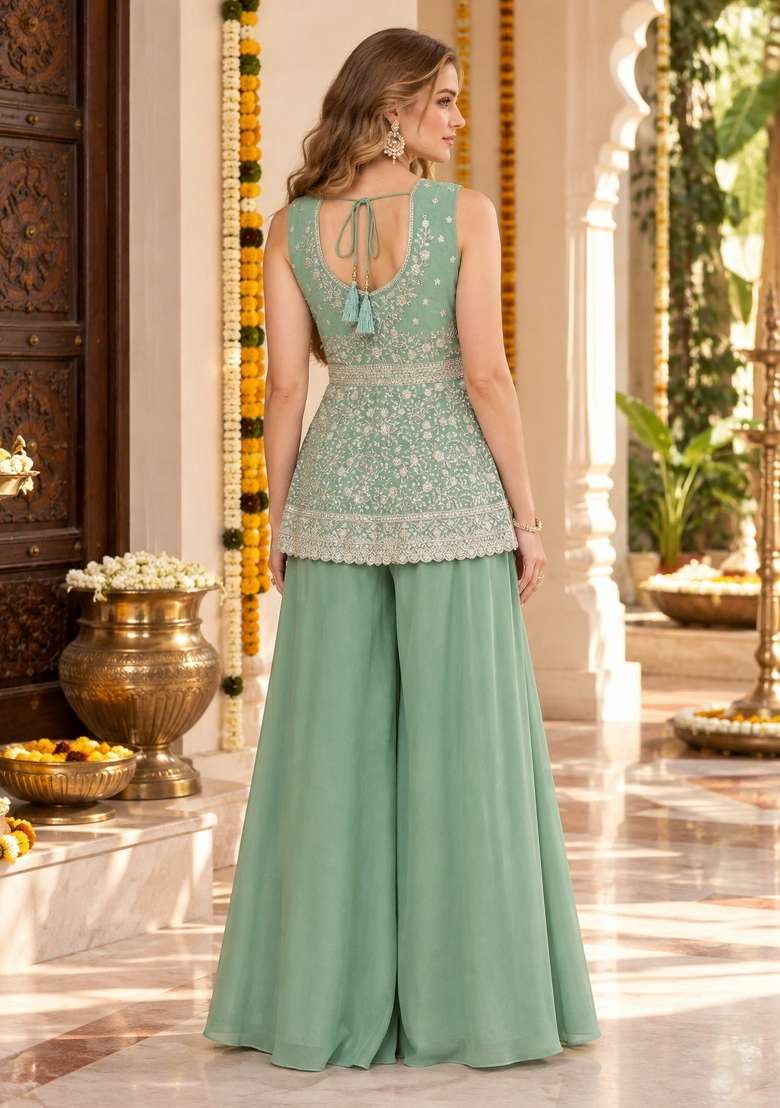 Green Embroidery Georgette Kurta Set - Indya