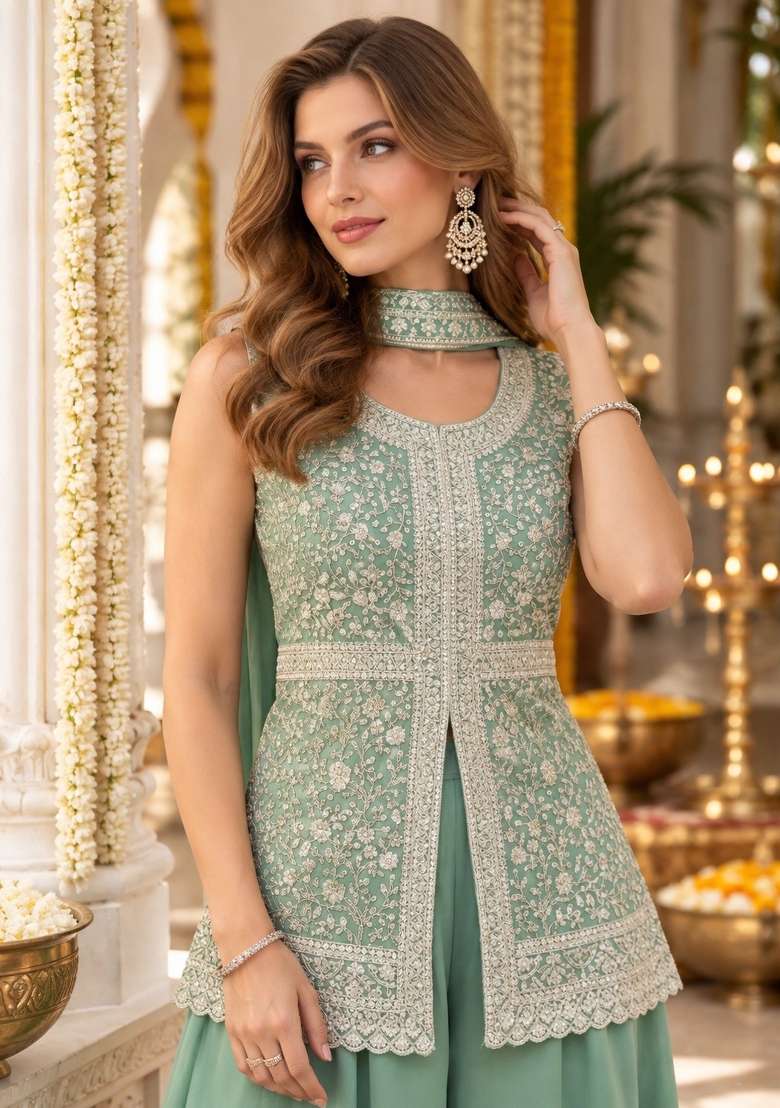 Green Embroidery Georgette Kurta Set - Indya