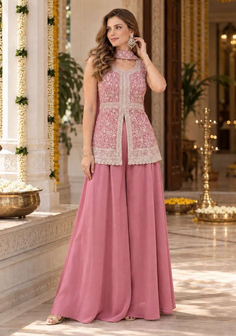 Pink Embroidery Georgette Kurta Set - Indya