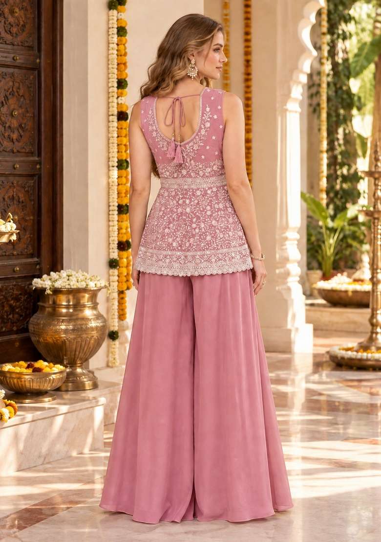 Pink Embroidery Georgette Kurta Set - Indya