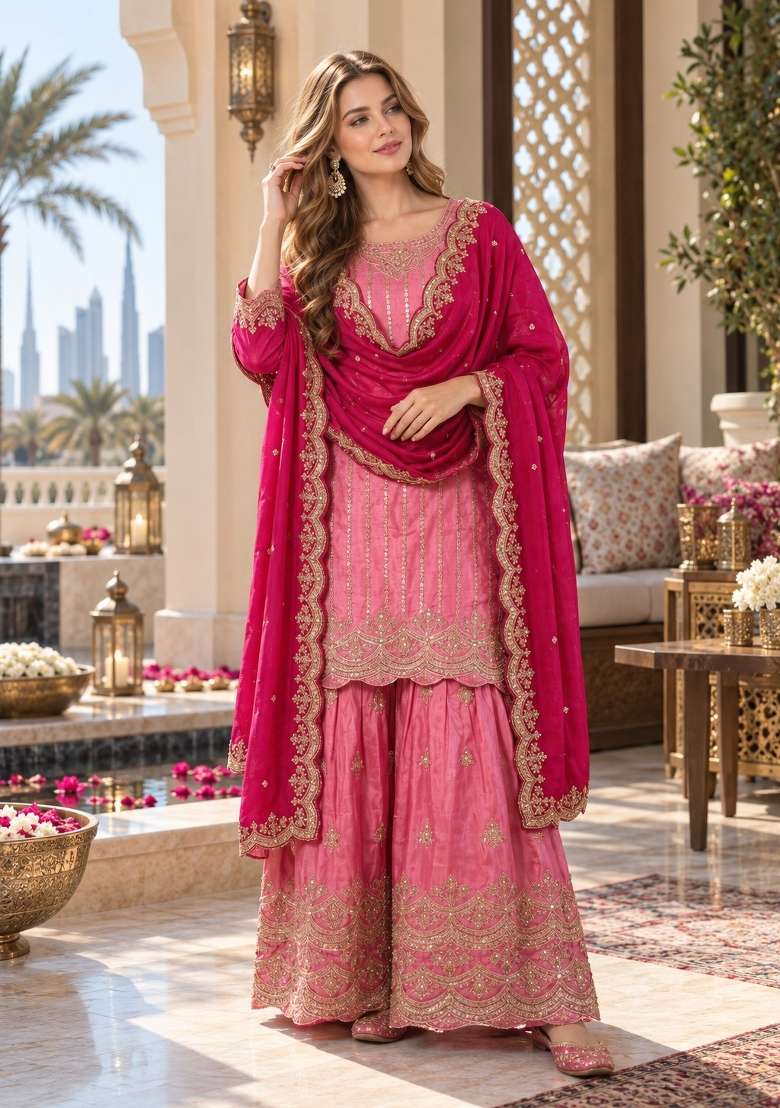 Pink Embroidery Silk Kurta Set - Indya
