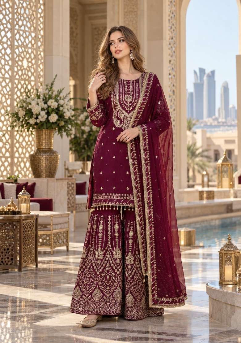 Maroon Embroidery Georgette Kurta Set - Indya