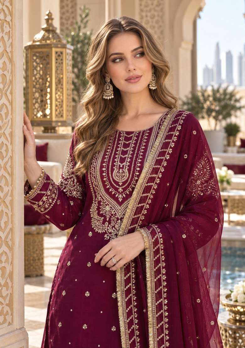 Maroon Embroidery Georgette Kurta Set - Indya