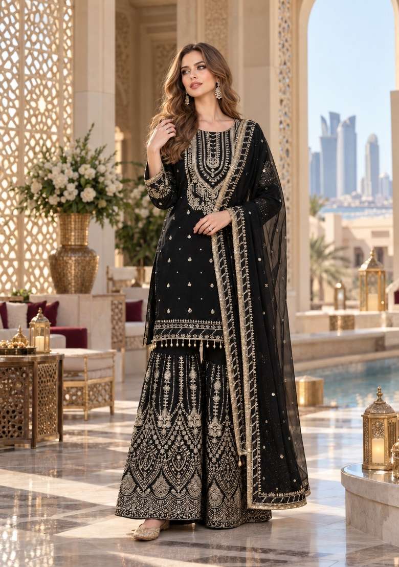 Black Embroidery Georgette Kurta Set - Indya