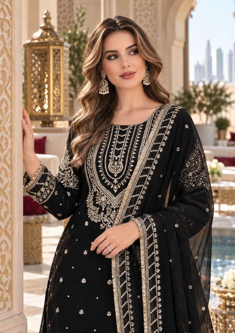 Black Embroidery Georgette Kurta Set - Indya