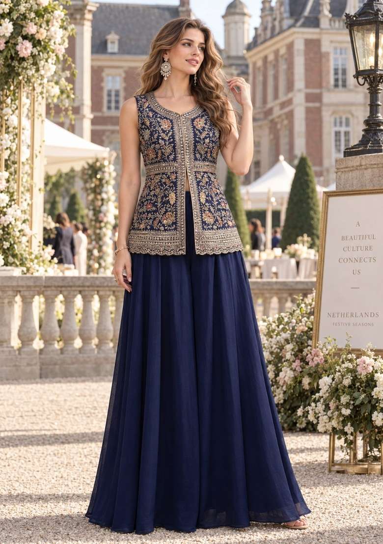 Navy Blue Embroidery Georgette Kurta Set - Indya