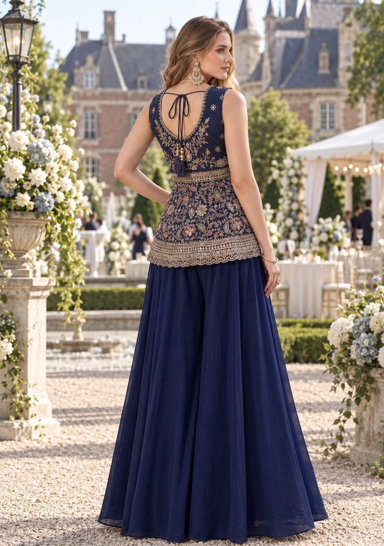Navy Blue Embroidery Georgette Kurta Set - Indya