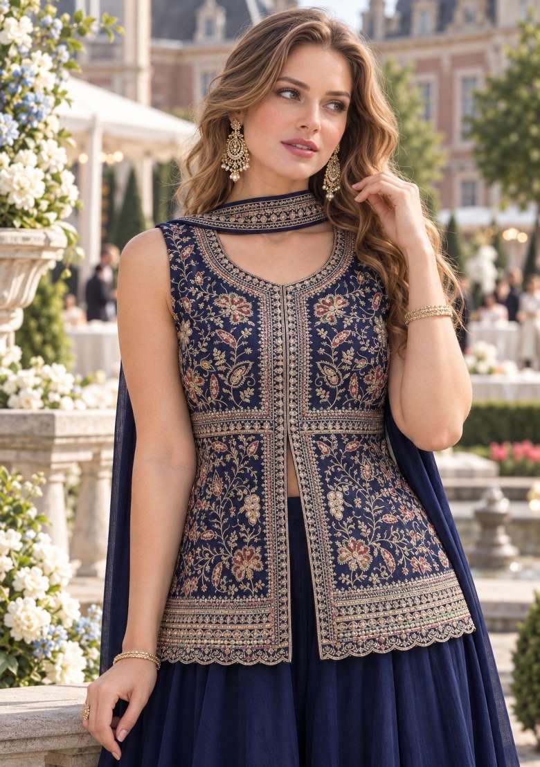 Navy Blue Embroidery Georgette Kurta Set - Indya