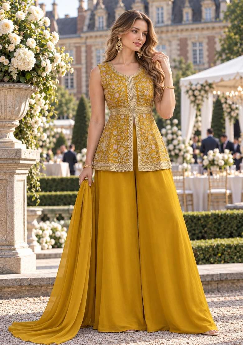 Yellow Embroidery Georgette Kurta Set - Indya