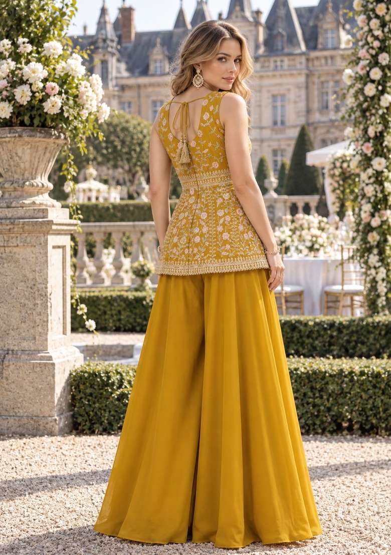 Yellow Embroidery Georgette Kurta Set - Indya