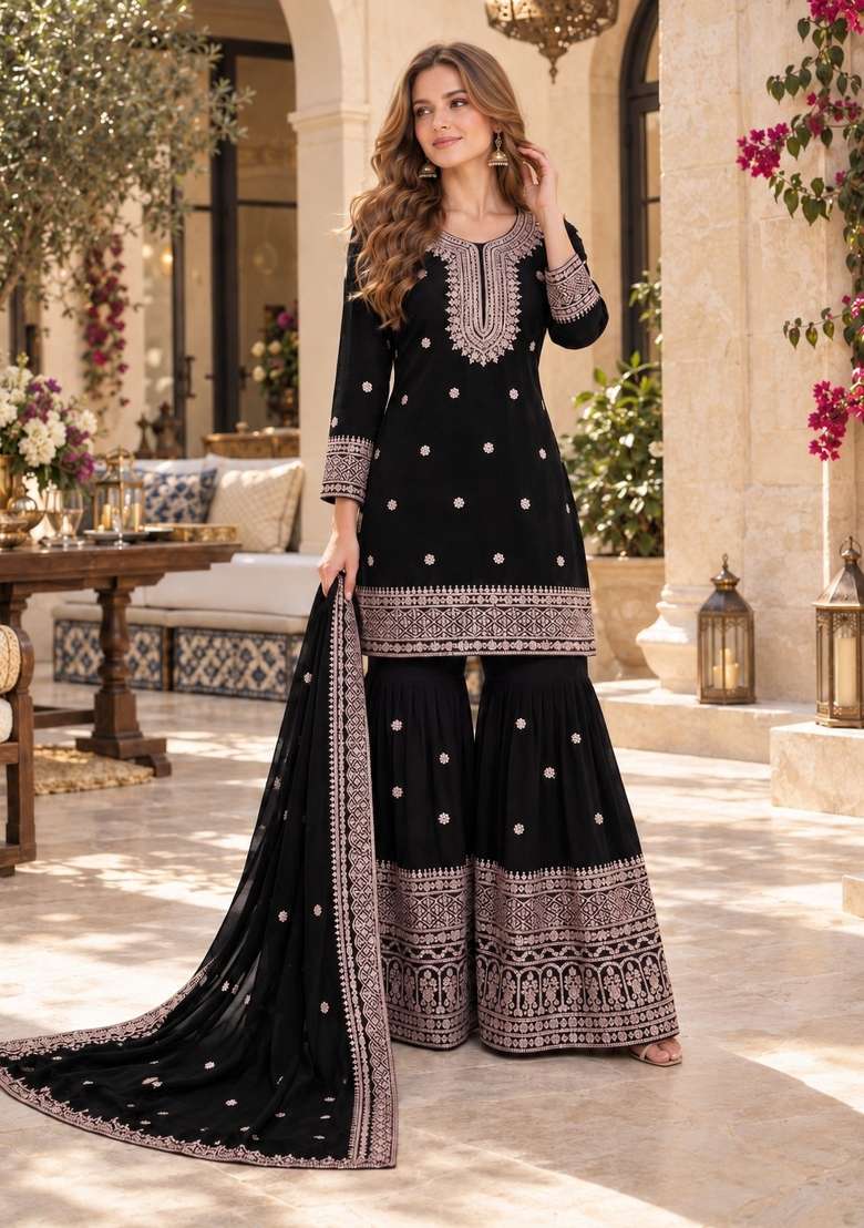 Black Embroidery Silk Kurta Set - Indya