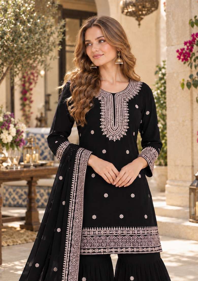 Black Embroidery Silk Kurta Set - Indya