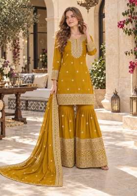 Mustard Embroidery Silk Kurta Set