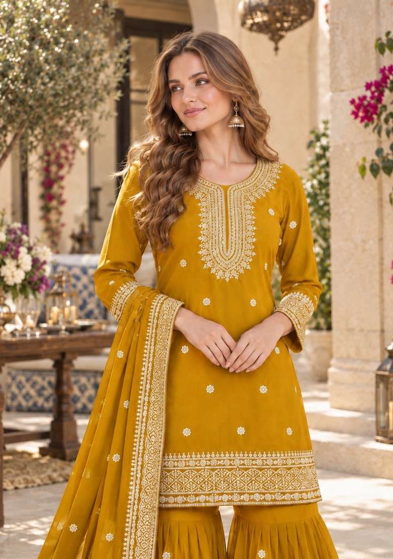 Mustard Embroidery Silk Kurta Set - Indya