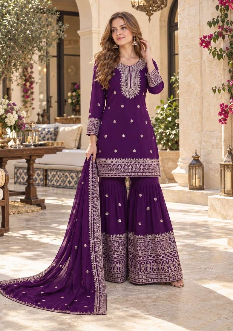 Violet Embroidery Silk Kurta Set - Indya