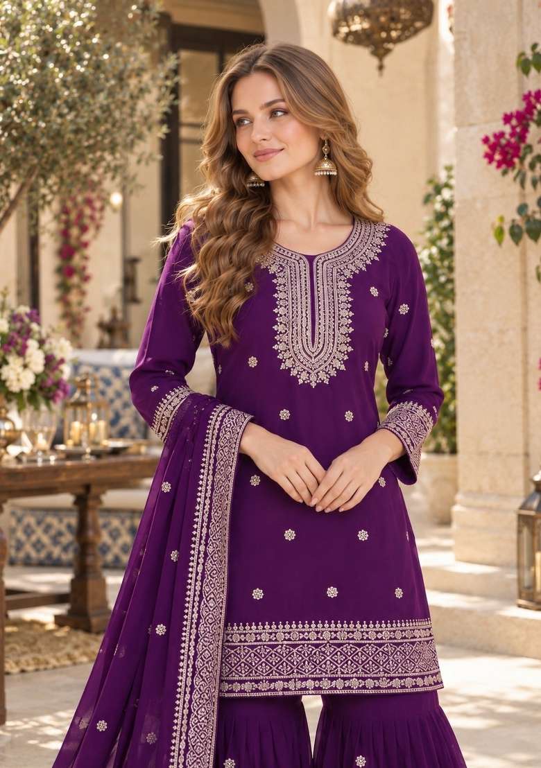 Violet Embroidery Silk Kurta Set - Indya