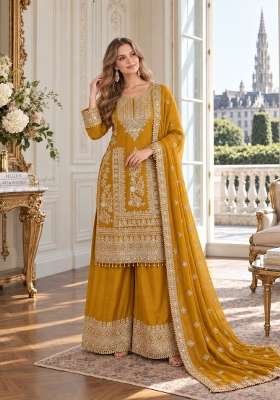 Mustard Embroidery Silk Kurta Set