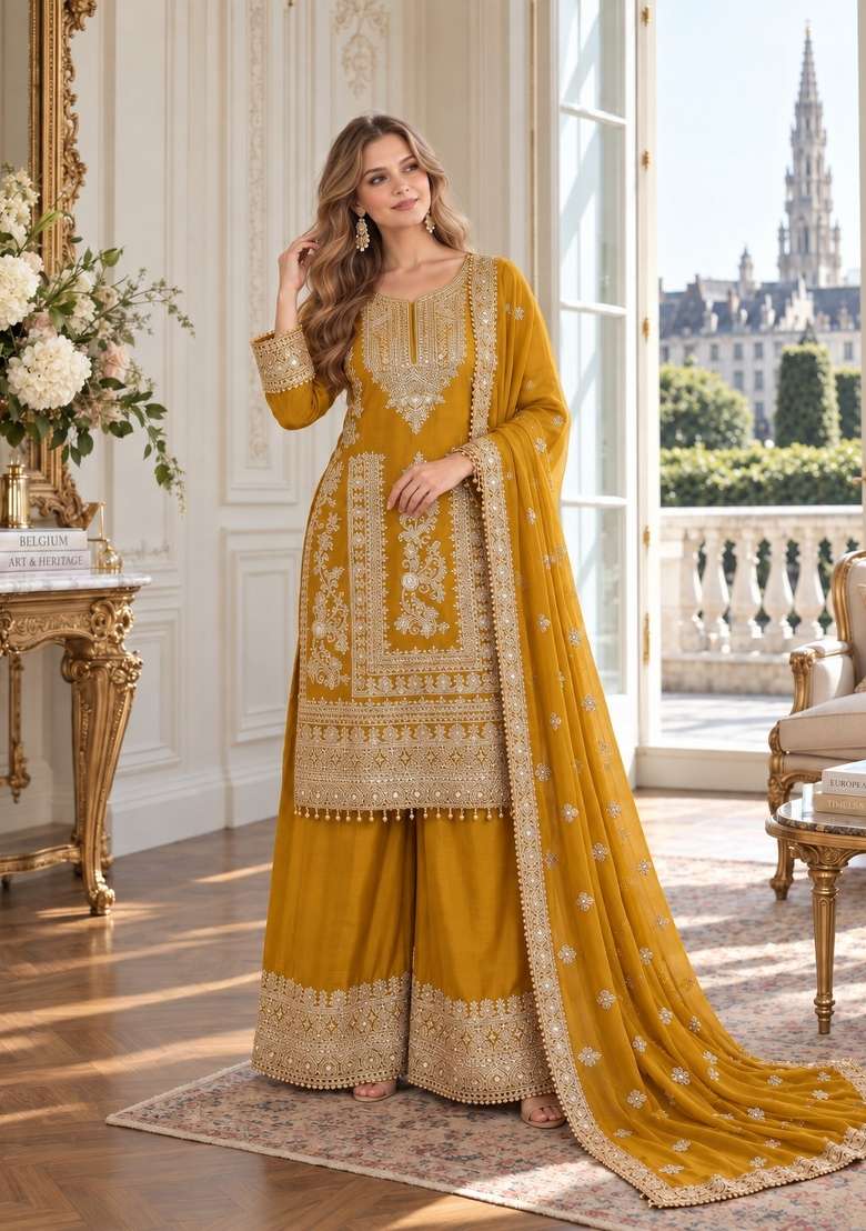 Mustard Embroidery Silk Kurta Set - Indya