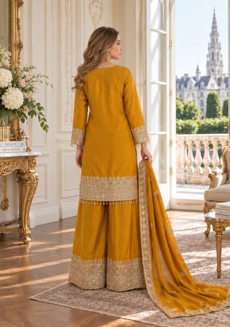 Mustard Embroidery Silk Kurta Set - Indya