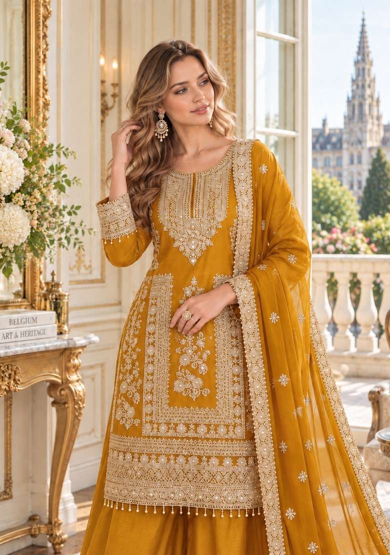 Mustard Embroidery Silk Kurta Set - Indya