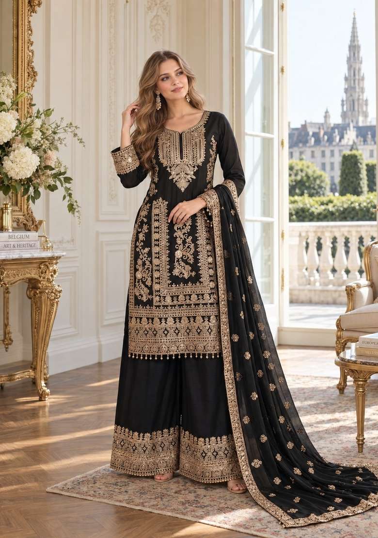 Black Embroidery Silk Kurta Set - Indya