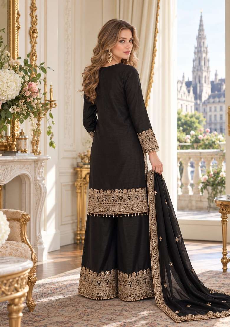 Black Embroidery Silk Kurta Set - Indya