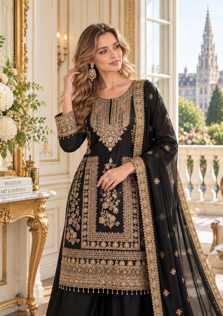 Black Embroidery Silk Kurta Set - Indya
