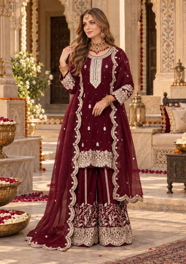 Maroon Embroidery Silk Kurta Set - Indya