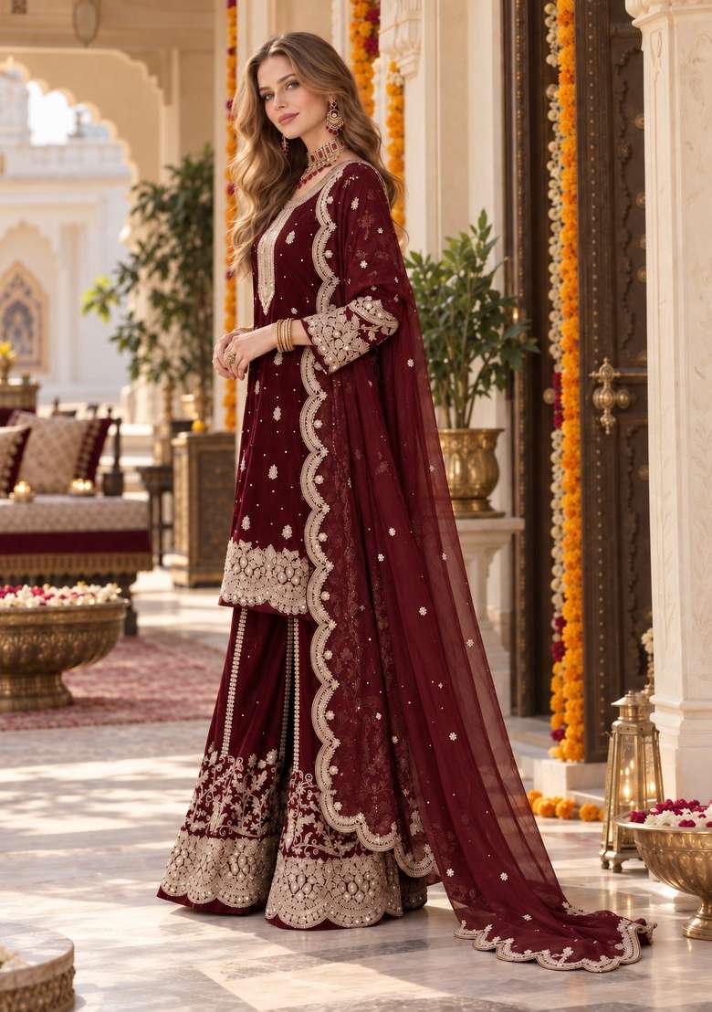 Maroon Embroidery Silk Kurta Set - Indya
