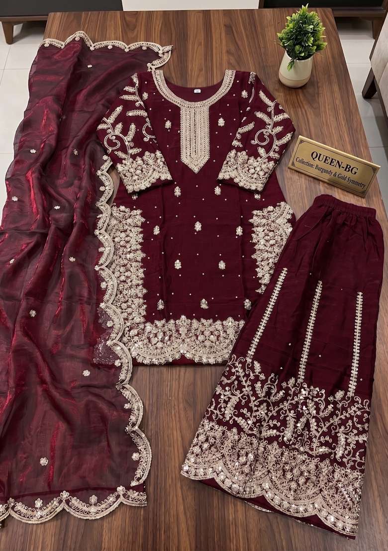 Maroon Embroidery Silk Kurta Set - Indya