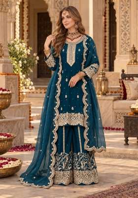 Teal Blue Embroidery Silk Kurta Set