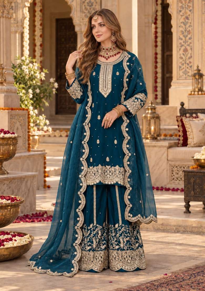 Teal Blue Embroidery Silk Kurta Set - Indya
