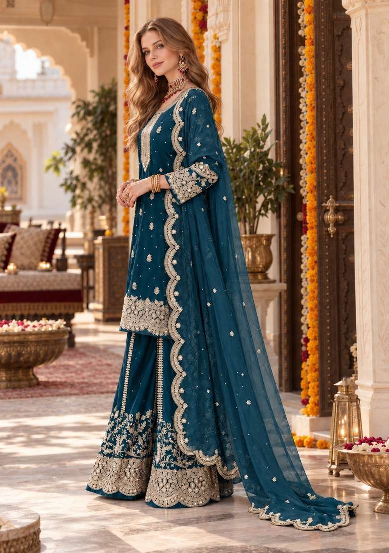 Teal Blue Embroidery Silk Kurta Set - Indya
