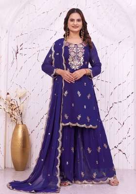 Royal Blue Embroidered Georgette Kurta Set