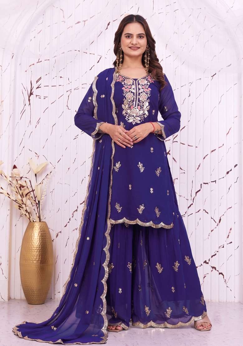 Royal Blue Embroidered Georgette Kurta Set - Indya
