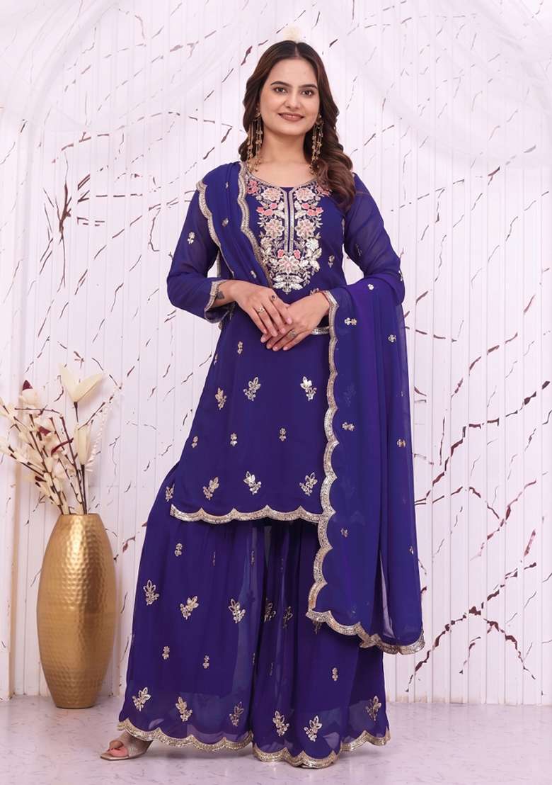 Royal Blue Embroidered Georgette Kurta Set - Indya