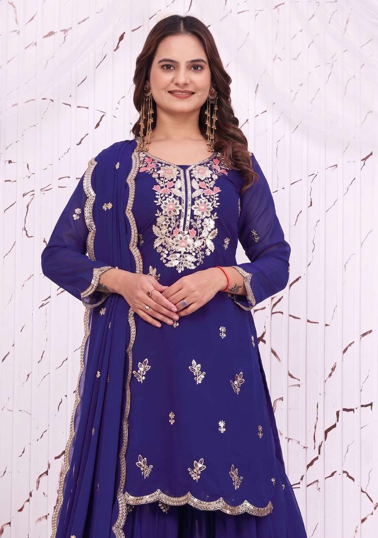 Royal Blue Embroidered Georgette Kurta Set - Indya