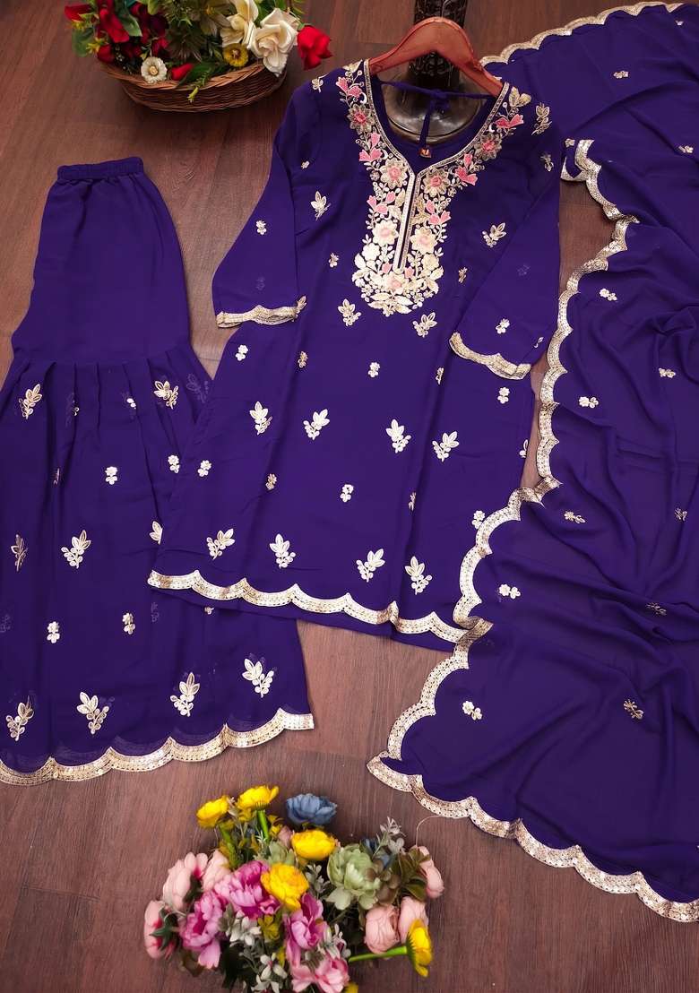 Royal Blue Embroidered Georgette Kurta Set - Indya