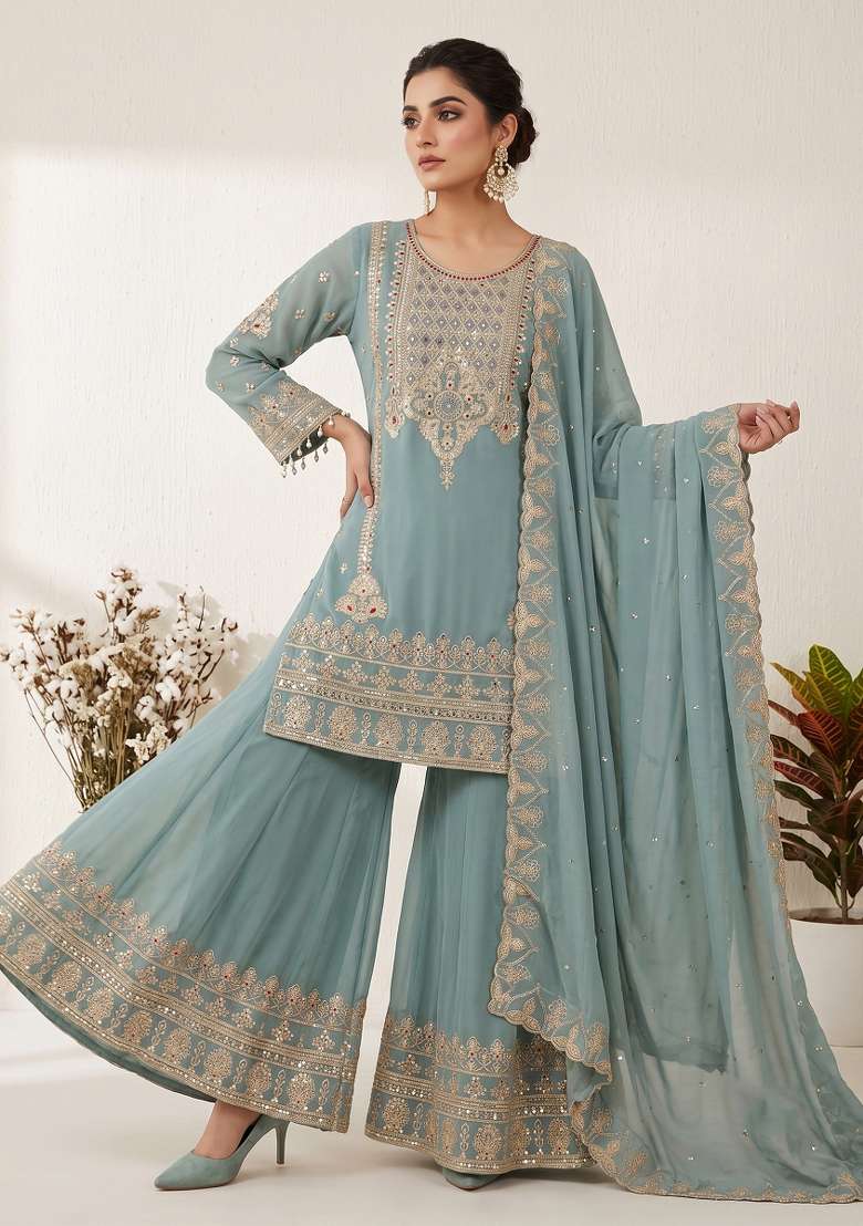 Sea Green Embroidered Georgette Kurta Set - Indya