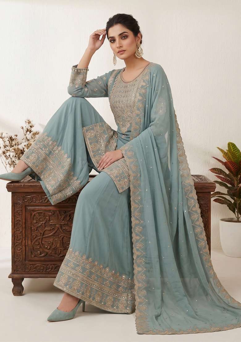 Sea Green Embroidered Georgette Kurta Set - Indya
