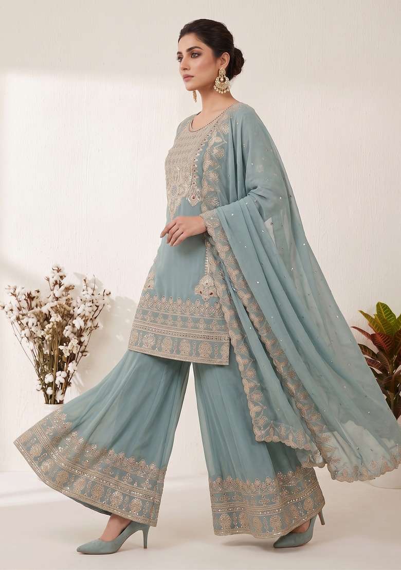 Sea Green Embroidered Georgette Kurta Set - Indya