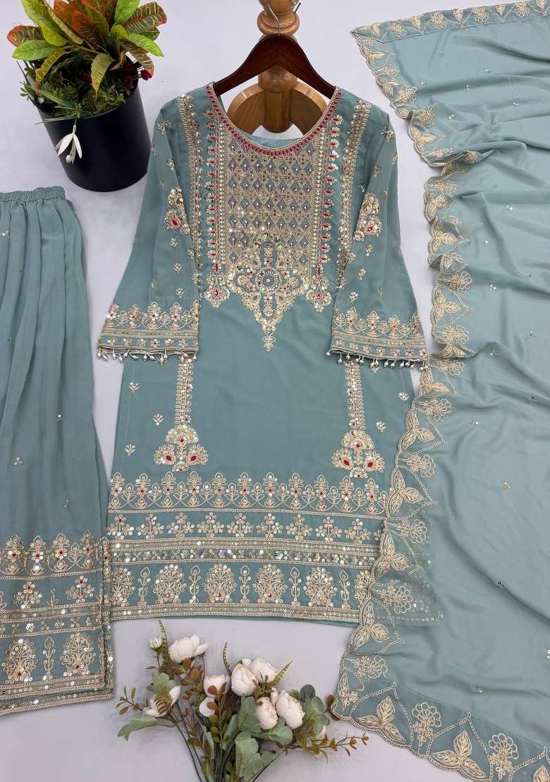 Sea Green Embroidered Georgette Kurta Set - Indya