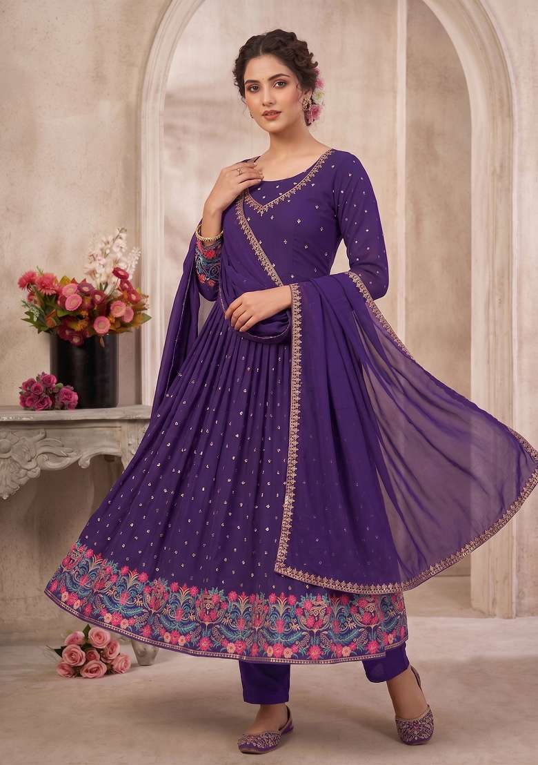 Purple Embroidered Georgette Kurta Set - Indya