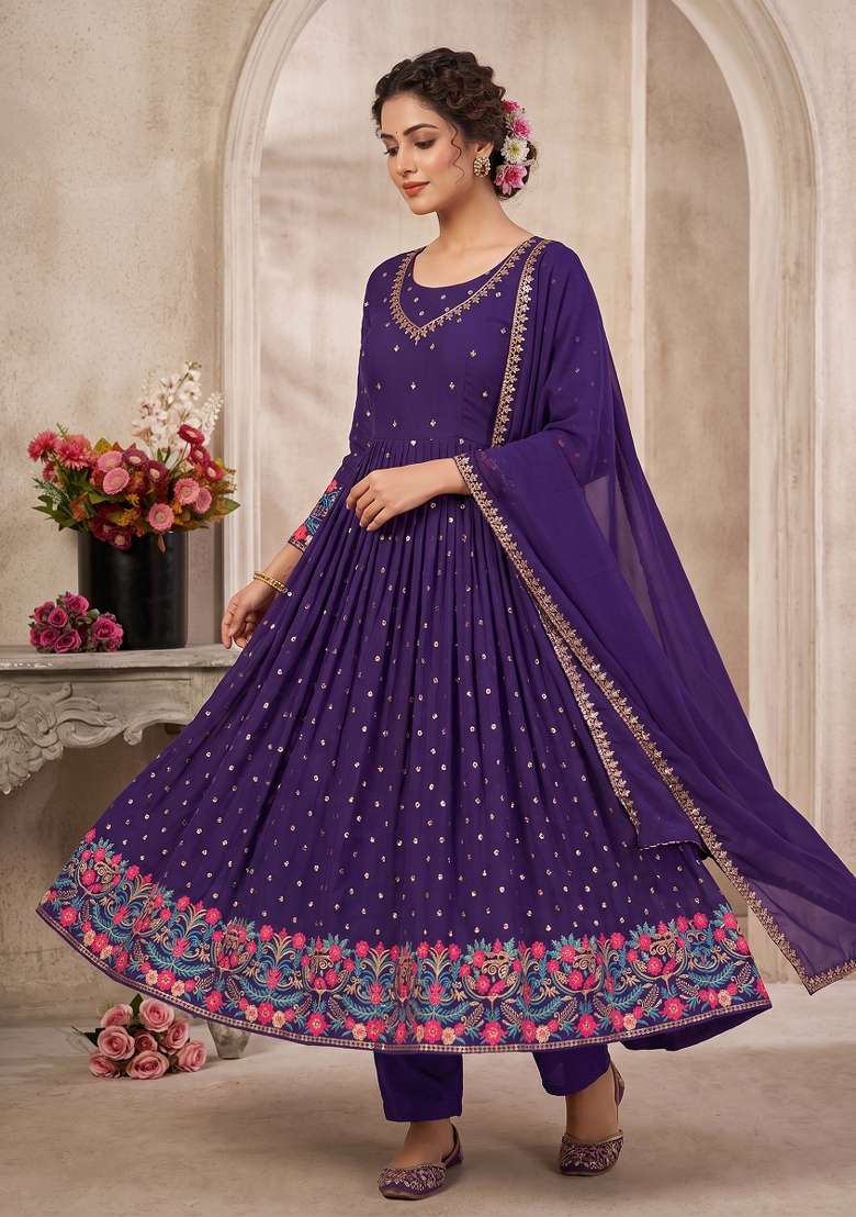 Purple Embroidered Georgette Kurta Set - Indya