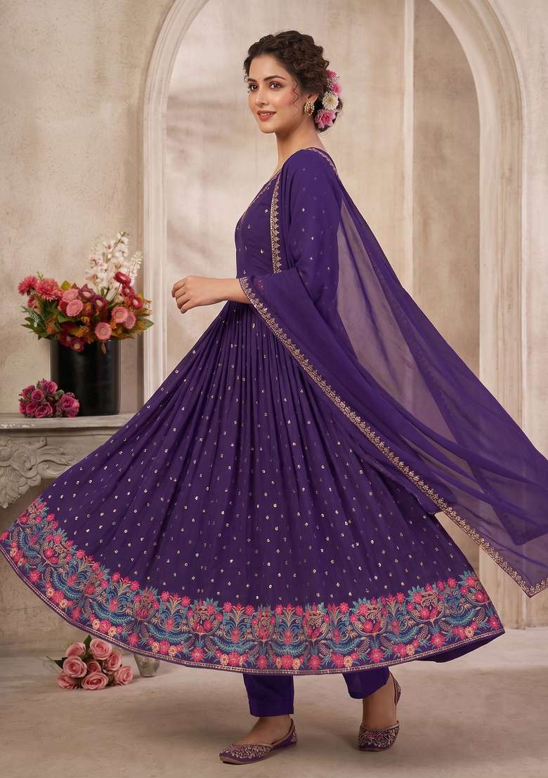 Purple Embroidered Georgette Kurta Set - Indya