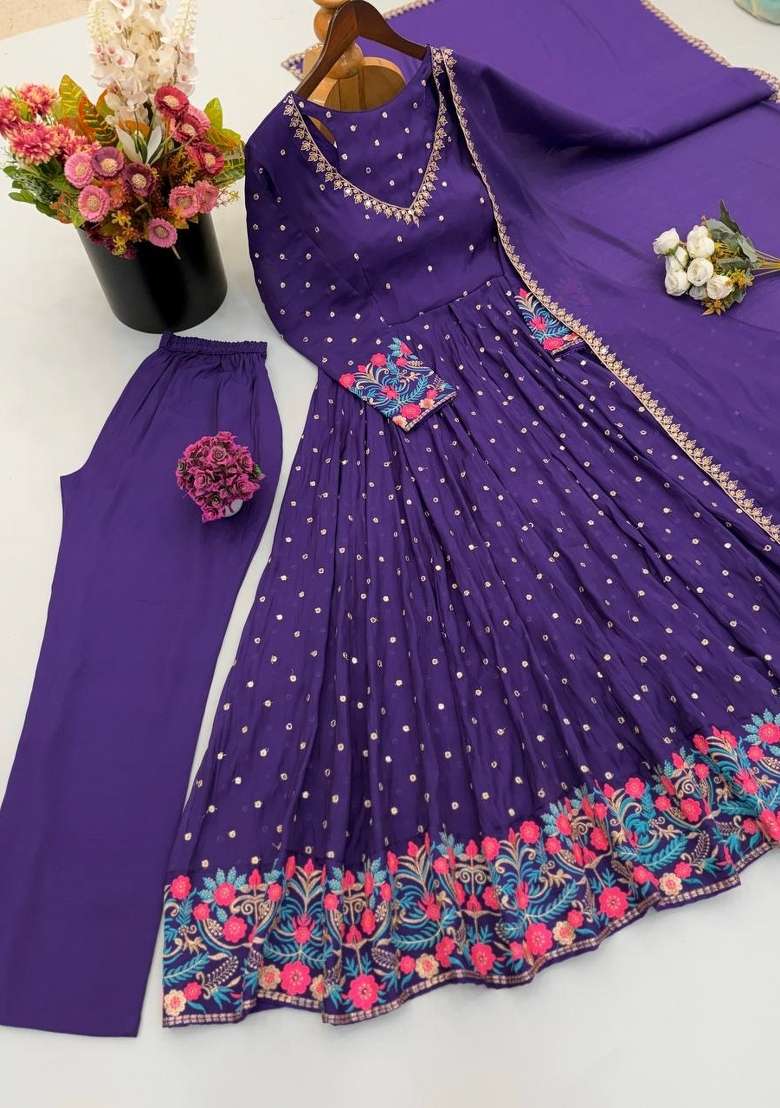 Purple Embroidered Georgette Kurta Set - Indya