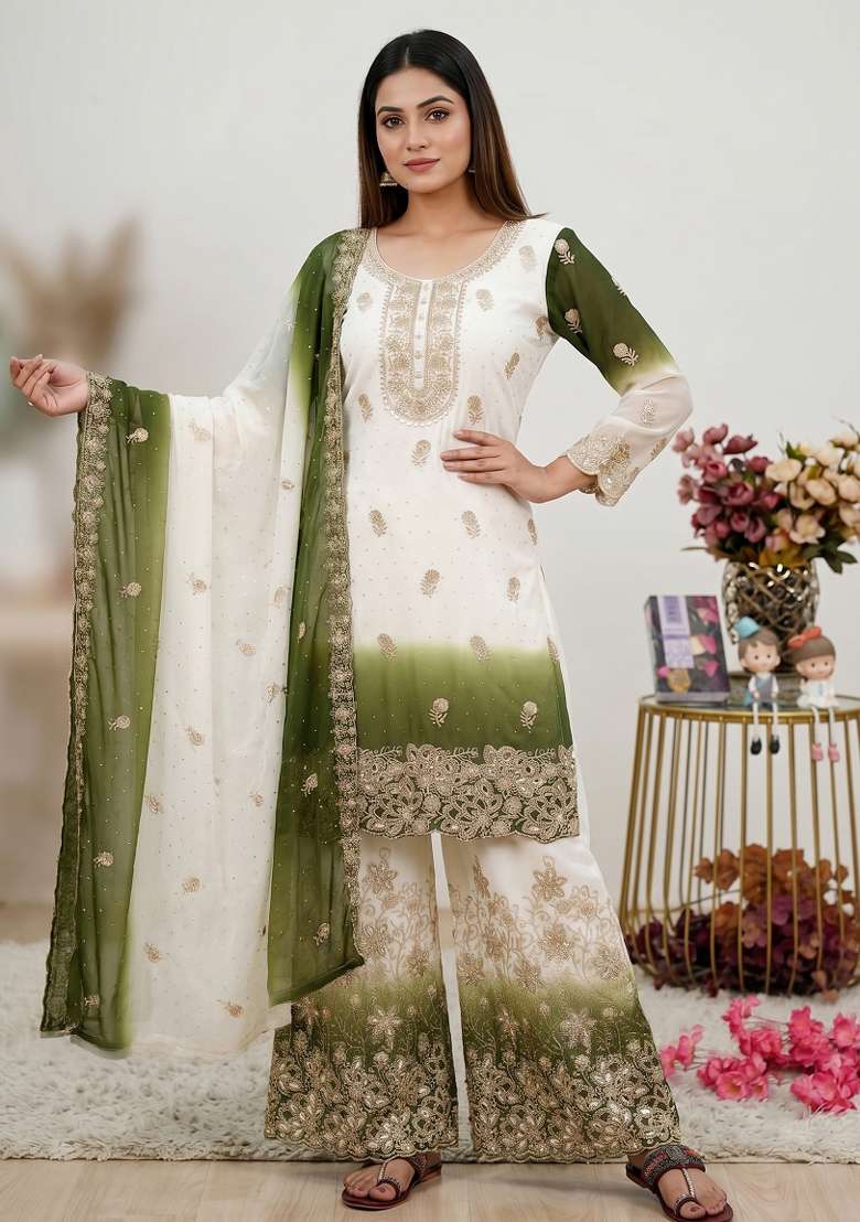 Green Embroidered Georgette Kurta Set - Indya